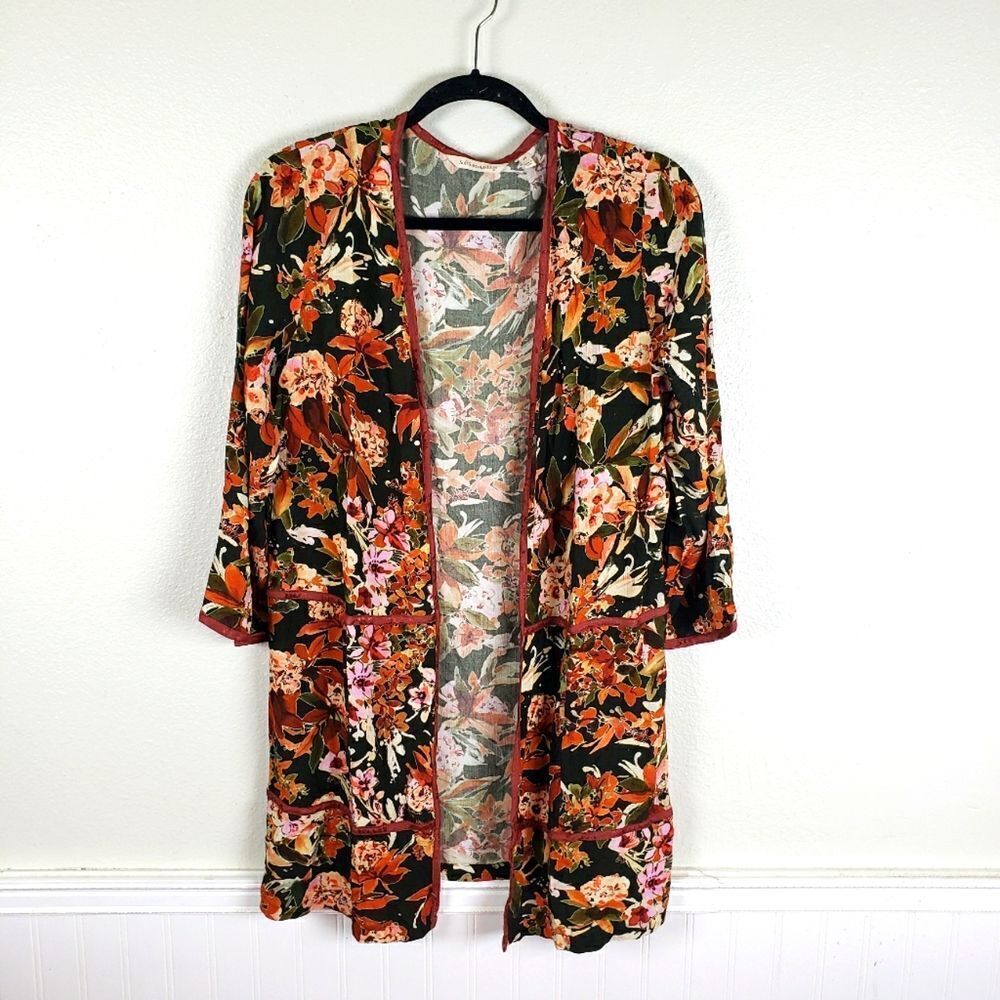 Soft Surroundings Boho Spring Floral Open Front Jacket Womens XS 3/4 Sleeve